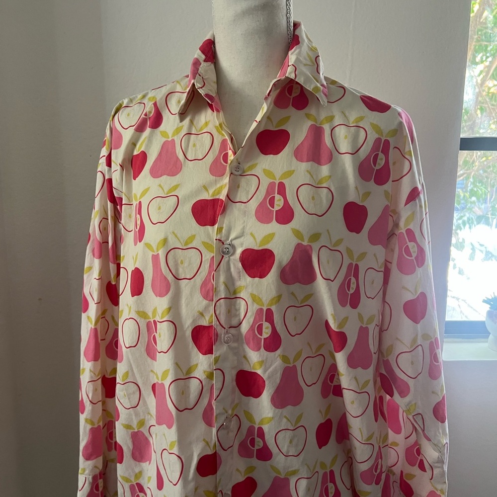 Apple Print Women's Pajama Shirt Cotton Long sleeve Shirt - Picture 4 of 15